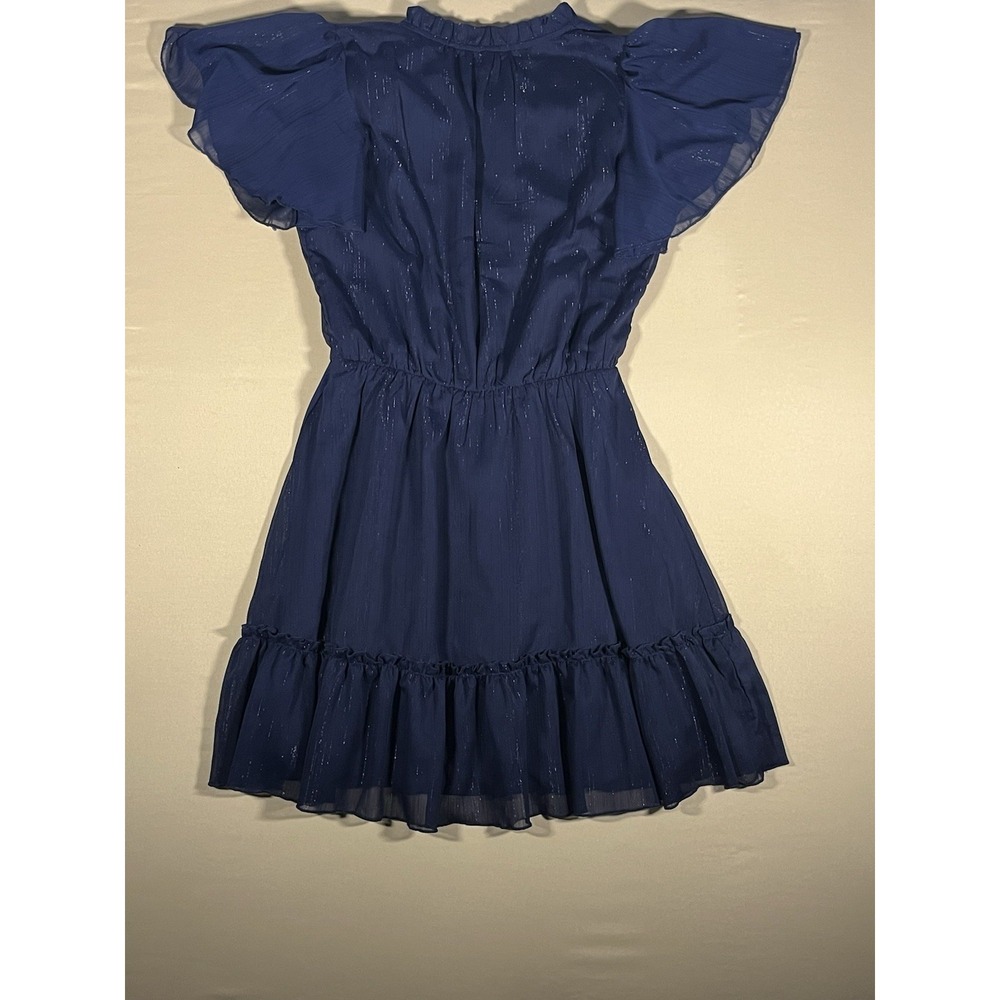 Navy Blue Shimmer Flutter Sleeve Ruffle Hem Mini Dress M Metallic Striped